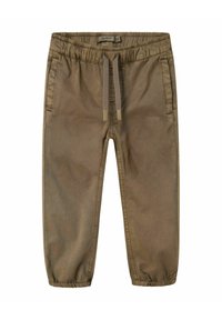 Pantaloni jogger color khaki realizzati in tessuto morbido, con vita elastica e cordino, tasche laterali e polsini elastici.