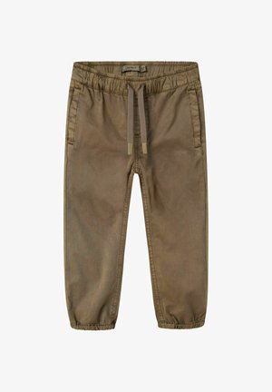 Kahe barvni jogger hlače, narejene iz mehkega blaga, z elastičnim pasom z vrvico, stranskimi žepi in elastičnimi manšetami.