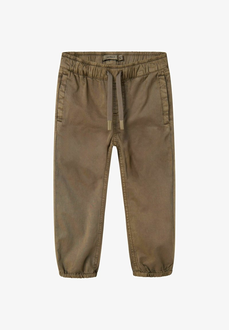 Khaki joggerbukser lavet af blødt stof, med en elastisk talje med snøre, sidelommer og elastiske manchetter.