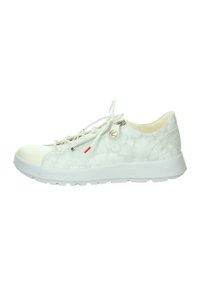 White sneaker with a floral pattern, made from soft fabric. Features a rounded toe, white sole, and light-colored laces with red accents.