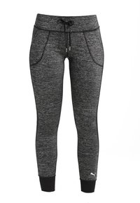 Czarne legginsy z heatherowego materiału, wykonane z elastycznego materiału, z regulowanym pasem, kieszeniami bocznymi oraz dopasowanymi mankietami na kostkach z detalem logo.