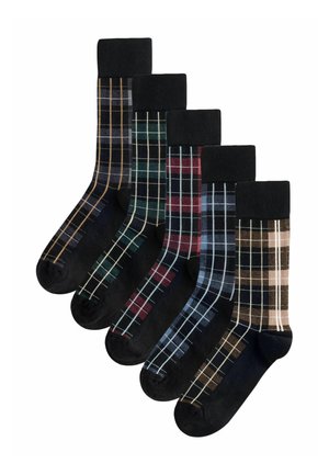 Five pairs of patterned socks in various colors, featuring black backgrounds with checkered designs in blue, green, red, tan, and brown.