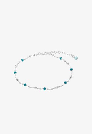 Bracciale a catena d'argento con perline turchesi piccole alternate a palline d'argento, dotato di chiusura a moschettone e catena regolabile con ciondolo turchese.