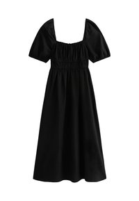 Vestido negro con escote cuadrado, mangas cortas abullonadas, cintura fruncida y falda fluida. Fabricado con un tejido suave y liso.