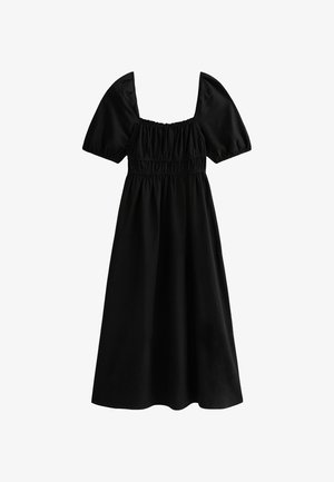 Zwarte jurk met een vierkante halslijn, korte pofmouwen, gathered taille en een vloeiende rok. Gemaakt van een zachte, gladde stof.