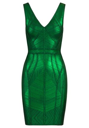 Groene mouwloze jurk met een V-halslijn, voorzien van geometrische reliëfpatronen en een aansluitende silhouet. Gemaakt van een gladde, glanzende stof.