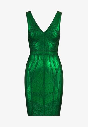 Zielona bezrękawnikowa sukienka z dekoltem w kształcie litery V, z geometrycznymi tłoczonymi wzorami i dopasowanym krojem. Uszyta z gładkiego, błyszczącego materiału.