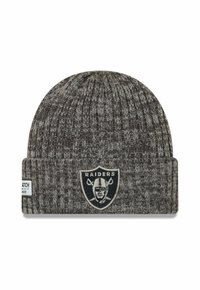 Graue Strickmütze aus weichem Garn mit umgeschlagenem Bündchen. Zeigt ein schwarz-weißes Raiders-Logo auf der Vorderseite. Mit einem strukturierten Muster durchzogen.