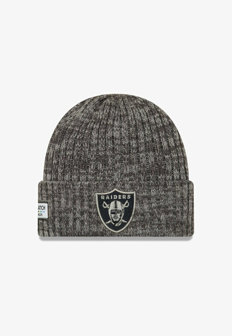 Gray knit beanie made from soft yarn, featuring a folded cuff. Displays a black and white Raiders logo on the front. Textured pattern throughout.