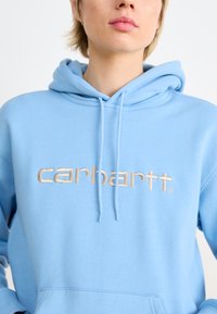 Hanorac de culoare albastru deschis, cu șnur ajustabil și buzunar frontal. Prezintă cuvântul "carhartt" brodat în text bej pe piept.