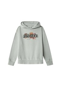 Svetlo šedá mikina s kapucňou a voľným strihom. Obsahuje farebnú grafiku s textom "PEPE JEANS" na prednej strane a pružné manžety.