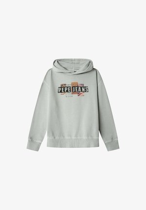 Felpa grigia chiara con cappuccio e vestibilità rilassata. Presenta una stampa grafica colorata con il testo "PEPE JEANS" sul davanti e polsini a costine.