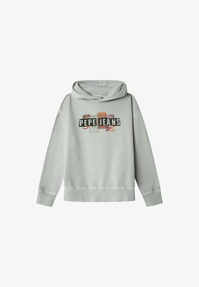 Sudadera con capucha de color gris claro y corte relajado. Presenta un colorido estampado gráfico con el texto "PEPE JEANS" en el frente y puños acanalados.