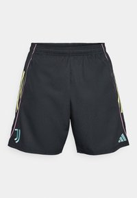 Schwarze Sportshorts mit elastischem Bund, mit neongelben Seitestreifen und einem türkisfarbenen Logo, glatte Textur und normale Passform.