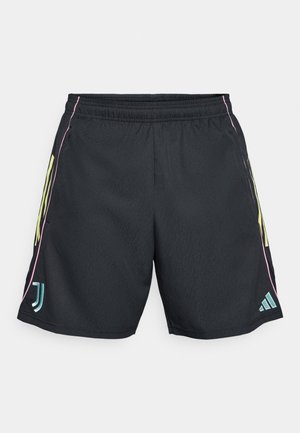 Svarte treningsshorts med elastisk midje, med neongule sidelister og en blågrønn logo, glatt tekstur og standard passform.