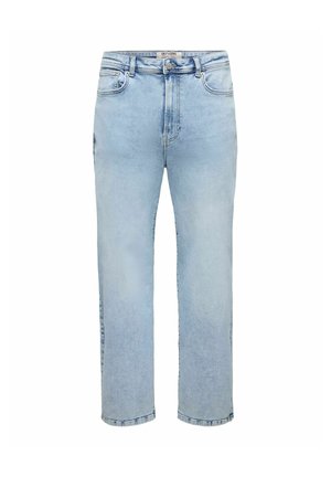 Jean en denim bleu clair à jambe droite avec bouton à l'avant, fermeture éclair, passants de ceinture et poches avant, présenté sur un fond blanc.