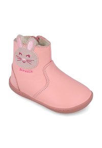 Botas de tobillo de cuero rosa con cara de conejo de dibujos animados, forro de felpa, punta redonda y suela de goma texturizada. Cremallera lateral para facilitar el uso.