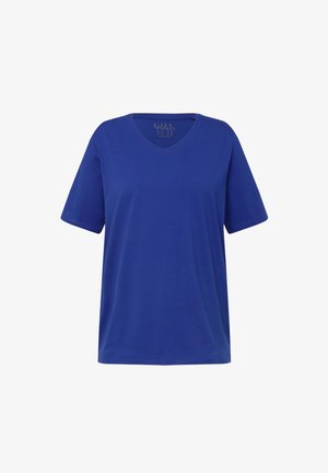 Blaues Baumwoll-T-Shirt mit V-Ausschnitt, kurzen Ärmeln, lockerer Passform und glatter Textur. Mit Markenetikett im Halsbereich.