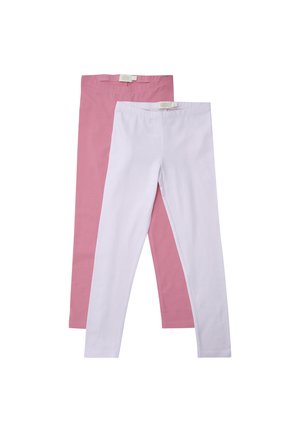 To par leggings: en lyserød og en hvid. Begge har et blødt bomuldsmateriale, elastisk talje og glat tekstur.