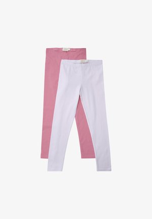 Zwei Leggings-Paare: eines in Pink und eines in Weiß. Beide bestehen aus weichem Baumwollmaterial, haben einen elastischen Bund und eine glatte Textur.