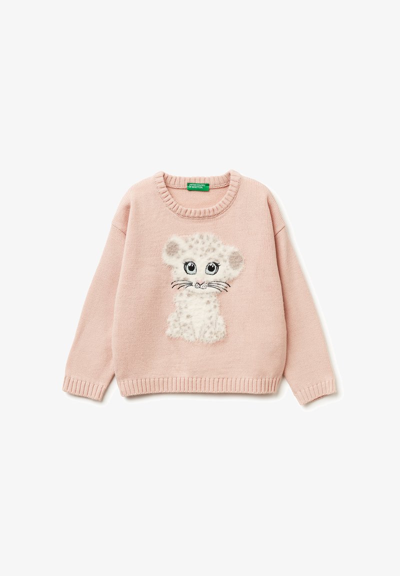 Maglione rosa lavorato a maglia con scollatura e polsini a coste, caratterizzato da un morbido design di un volto di leopardo bianco al centro. Texture soffice.