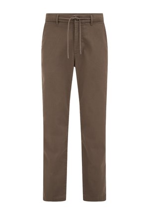 Brūnas taisnas bikses ar elastīgu jostasvietu un auklu, ar jostu cilpām un sānu kabatām.