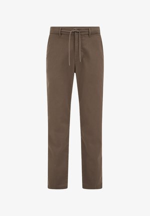 Rudos tiesaus kirpimo kelnės su elastinga liemene ir raišteliu, turinčios diržo kilpas ir šonines kišenes.