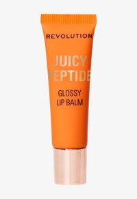 Oransje tube med Revolution Juicy Peptide Glossy Lip Balm, med en ribbet lokk og metallisk sølv detaljer for produktnavnet.