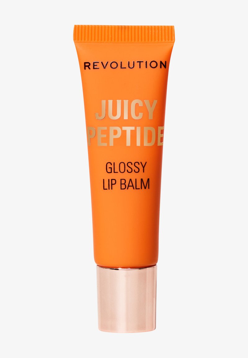 Oransje tube med Revolution Juicy Peptide Glossy Lip Balm, med en ribbet lokk og metallisk sølv detaljer for produktnavnet.