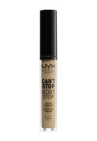 NYX Can't Stop Won't Stop Contour Concealer in een heldere tube met een zwarte dop. Bevat een beige vloeistof van 0,11 fl oz (3,50 mL).