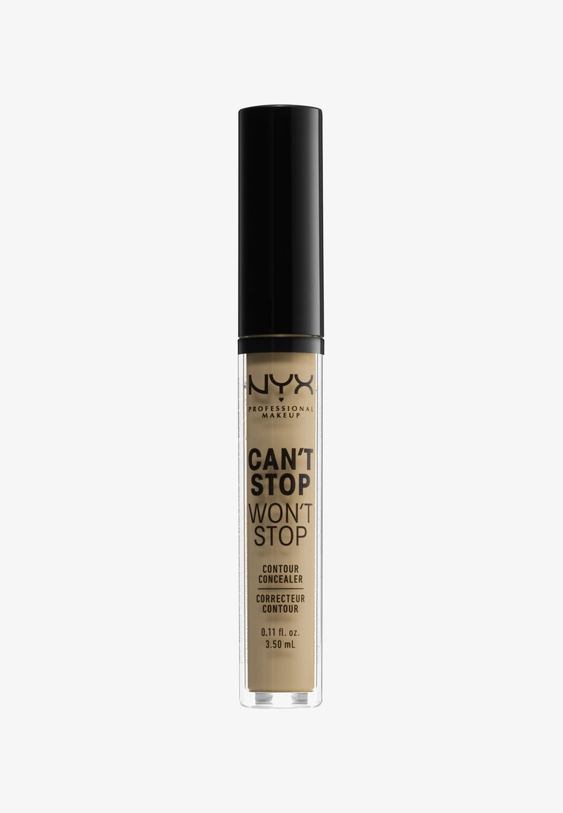 NYX Can't Stop Won't Stop Contour Concealer in een heldere tube met een zwarte dop. Bevat een beige vloeistof van 0,11 fl oz (3,50 mL).