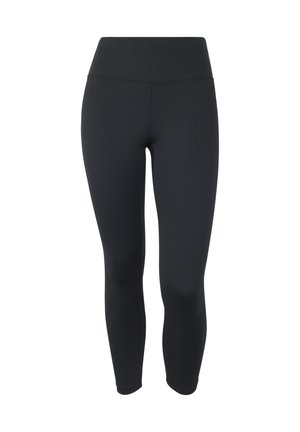 Leggings neri realizzati in tessuto elasticizzato con vita alta, texture liscia e design aderente che arriva fino alle caviglie.