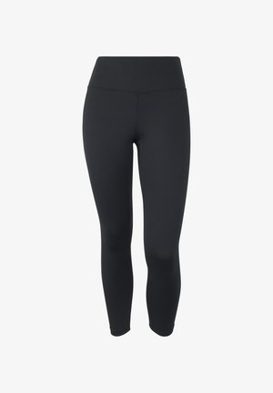 Leggings neri realizzati in tessuto elasticizzato con vita alta, texture liscia e design aderente che arriva fino alle caviglie.
