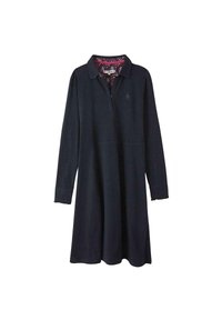 Robe longue à manches longues bleu marine avec un col polo, une patte de boutonnage semi-ouverte et une doublure intérieure à motif floral. Fabriquée en tissu doux et texturé.