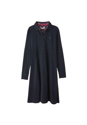 Robe longue à manches longues bleu marine avec un col polo, une patte de boutonnage semi-ouverte et une doublure intérieure à motif floral. Fabriquée en tissu doux et texturé.