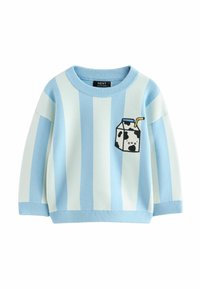 Maglione a righe azzurro chiaro e bianco realizzato in morbido materiale a maglia, con una tasca a forma di cartone del latte con dettagli in bianco e nero.
