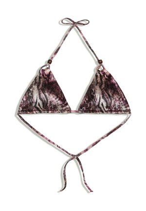 Dreieck-Bikinioberteil mit lila, schwarzem und weißem Animal-Print-Muster sowie verstellbaren Nacken- und Rückenträgern mit Holzperlen.