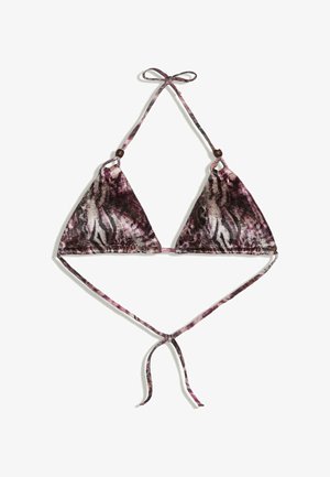 Dreieck-Bikinioberteil mit lila, schwarzem und weißem Animal-Print-Muster sowie verstellbaren Nacken- und Rückenträgern mit Holzperlen.