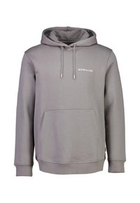 Grijze hoodie gemaakt van een zachte katoenmix stof. Heeft een kangoeroezak, een capuchon met trekkoord en een wit logo op de borst. Geribbelde manchetten en zoom.