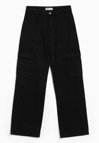 Czarne spodnie cargo o luźnym kroju, z dwoma dużymi kieszeniami bocznymi, z zapięciem na guzik i gładkim, trwałym materiałem bawełnianym.