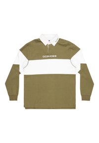 Olivově zelená dlouhá polo košile s bílými horizontálními pruhy a límečkem. Na prsou se nachází bílé logo "DCSHOES".