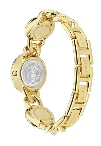 Zlatna ura s povezom iz verižice, ki ima okroglo ohišje, safirno steklo in gravirane podrobnosti, vključno z logotipom Versace in emblemom Meduze.
