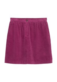 Jupe en velours côtelé de couleur rose foncé avec une taille élastique, comportant deux poches latérales et une seule fermeture à bouton à l'avant.