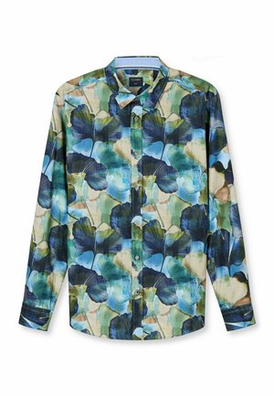 Knopfhemd mit einem mehrfarbigen Ginkgo-Blatt-Muster in Blau-, Grün- und Beigetönen. Hergestellt aus glattem Stoff, mit Kragen und langen Ärmeln.
