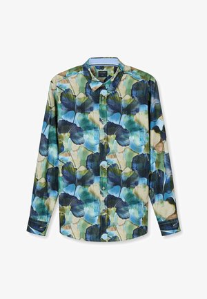 Knopfhemd mit einem mehrfarbigen Ginkgo-Blatt-Muster in Blau-, Grün- und Beigetönen. Hergestellt aus glattem Stoff, mit Kragen und langen Ärmeln.