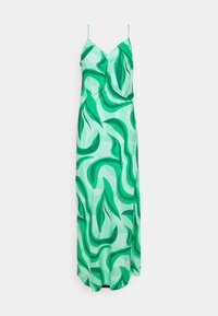 Vestido maxi verde com padrão, decote em V, alças finas e silhueta fluida, apresentando desenhos abstratos de folhas em várias tonalidades de verde.