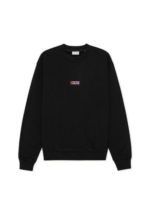 Černá mikina s kulatým výstřihem a dlouhými rukávy, uprostřed na hrudi malý obdélníkový vícebarevný nápis "LES DEUX".