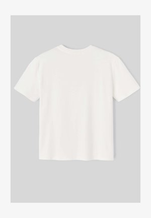 T-shirt à manches courtes, col rond en tissu blanc uni. Texture douce avec une coupe décontractée. Aucun motif ni ornement visible.