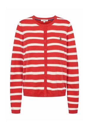 Roter und weißer, horizontal gestreifter Strickjacke mit Knöpfen, langen Ärmeln und einem kleinen, gestickten Logo auf der linken Brust.