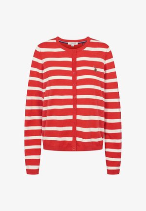 Punaste ja valgete horisontaalsete triipudega nööbitav kardigan pika varrukaga ja vasakul rinnal väikese tikitud logoga.